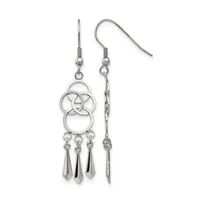 A pair of silver-toned dangle earrings featuring interlocking circular designs at the top with three teardrop-shaped drops hanging below each.
