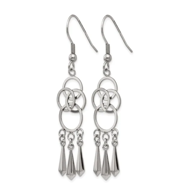 A pair of silver-toned dangle earrings with interlocking circular designs at the top and three cone-shaped pendants hanging from chains at the bottom.