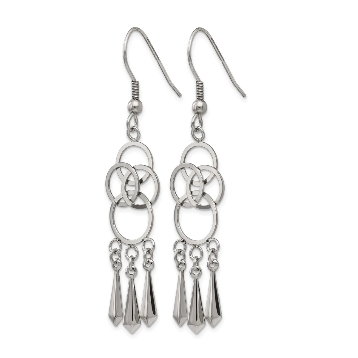 A pair of silver-toned dangle earrings with interlocking circular designs at the top and three cone-shaped pendants hanging from chains at the bottom.