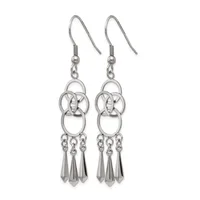 A pair of silver-toned dangle earrings with interlocking circular designs at the top and three cone-shaped pendants hanging from chains at the bottom.