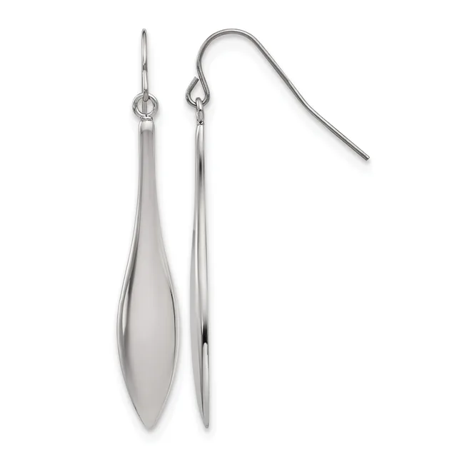 Pair of silver-toned elongated teardrop earrings with fish hook ear wires, displayed against a white background.
