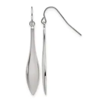 Pair of silver-toned elongated teardrop earrings with fish hook ear wires, displayed against a white background.