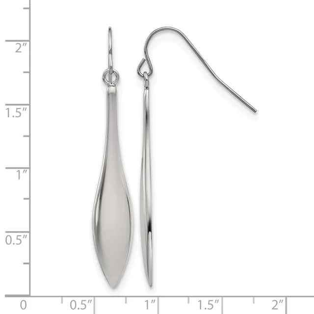 Two silver-toned drop earrings displayed against a measurement scale, one with an elongated teardrop pendant and one with a thin rod design, both suspended from ear wires.