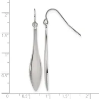 Two silver-toned drop earrings displayed against a measurement scale, one with an elongated teardrop pendant and one with a thin rod design, both suspended from ear wires.