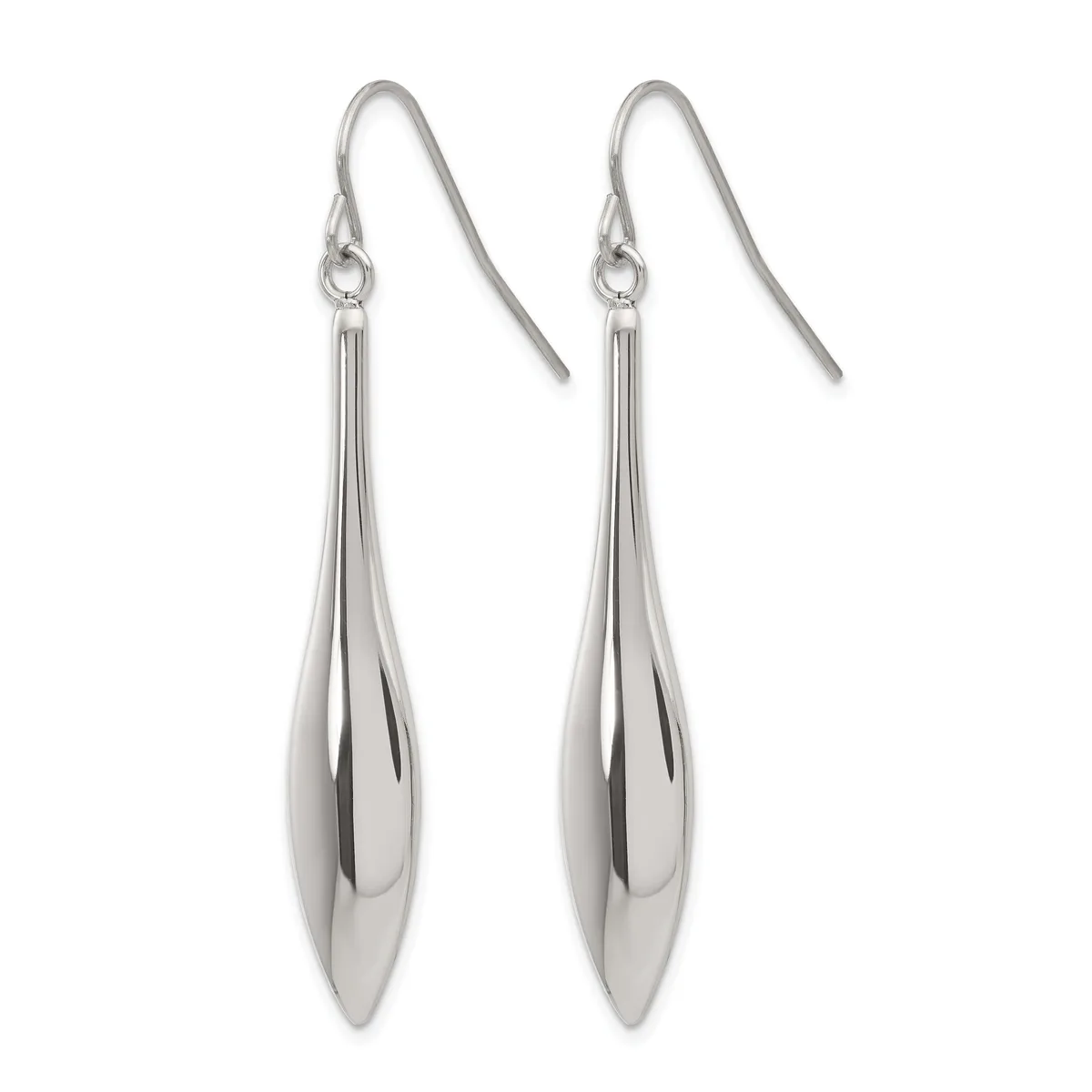 A pair of silver teardrop earrings with polished finish hanging from curved ear wires.
