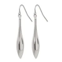 A pair of silver teardrop earrings with polished finish hanging from curved ear wires.