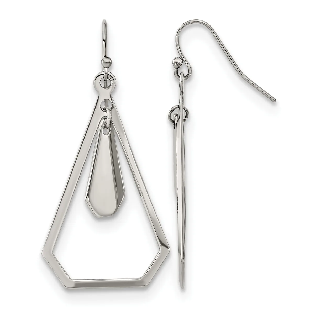 A pair of polished silver-toned drop earrings with geometric trapezoid-shaped frames and smaller teardrop pendants, shown from front and side views with French wire hooks.