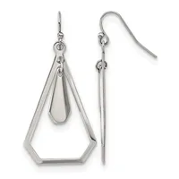 A pair of polished silver-toned drop earrings with geometric trapezoid-shaped frames and smaller teardrop pendants, shown from front and side views with French wire hooks.