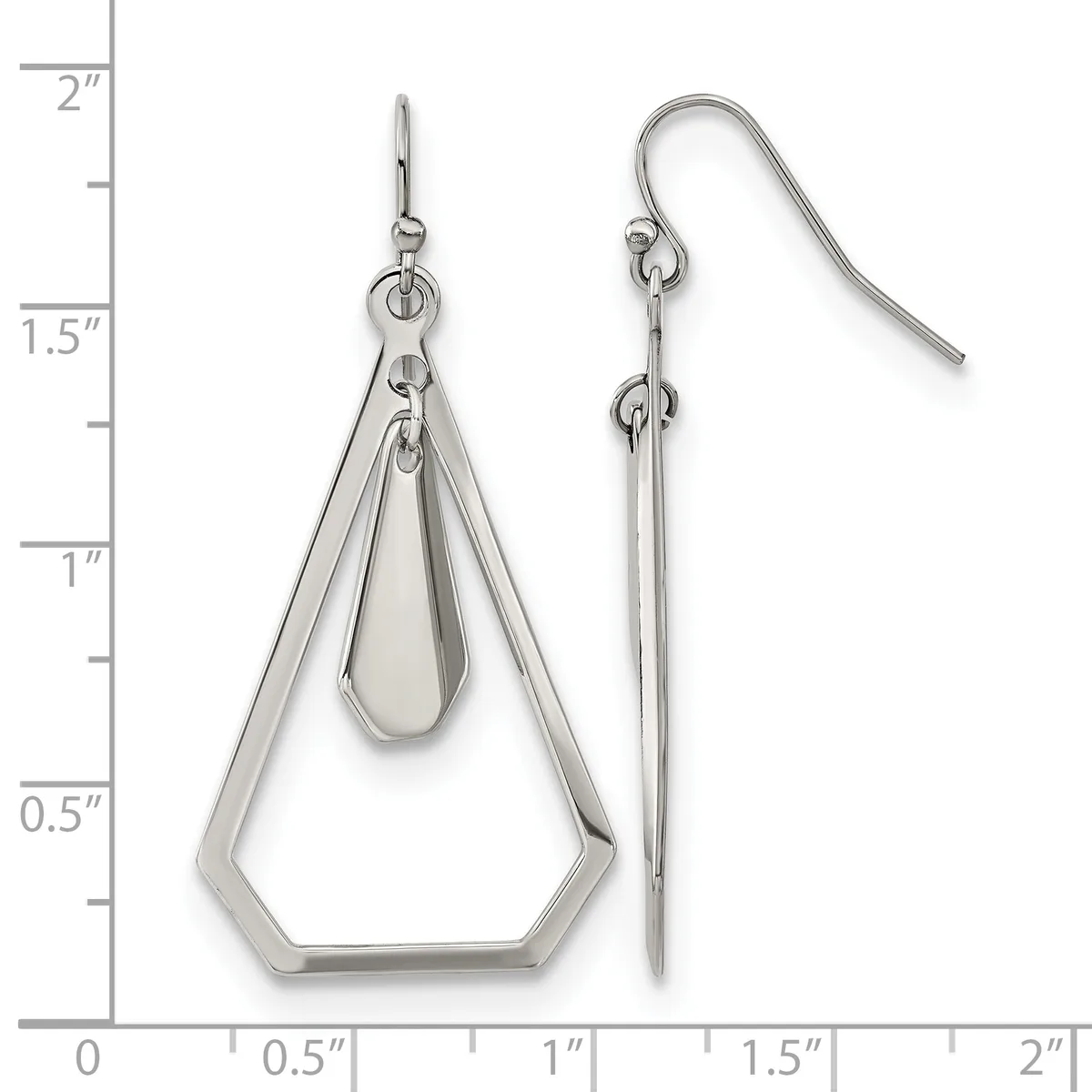 Pair of silver-toned dangle earrings with hexagonal geometric frames and smaller teardrop shapes, shown against a measurement scale.