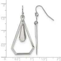 Pair of silver-toned dangle earrings with hexagonal geometric frames and smaller teardrop shapes, shown against a measurement scale.