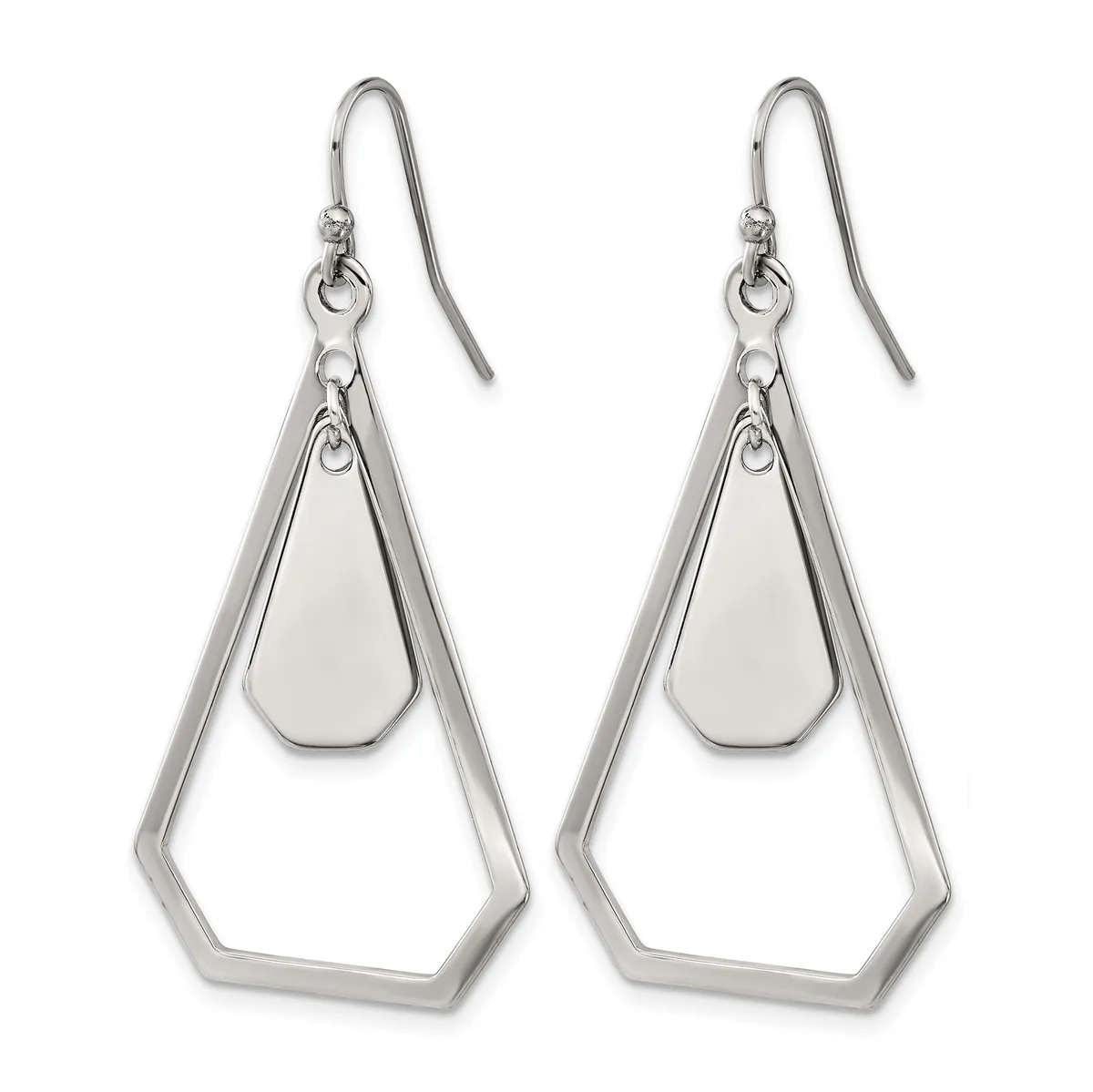 A pair of silver-toned drop earrings with fish hook closures, each featuring two nested geometric trapezoid shapes hanging from a connector ring.