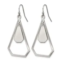 A pair of silver-toned drop earrings with fish hook closures, each featuring two nested geometric trapezoid shapes hanging from a connector ring.