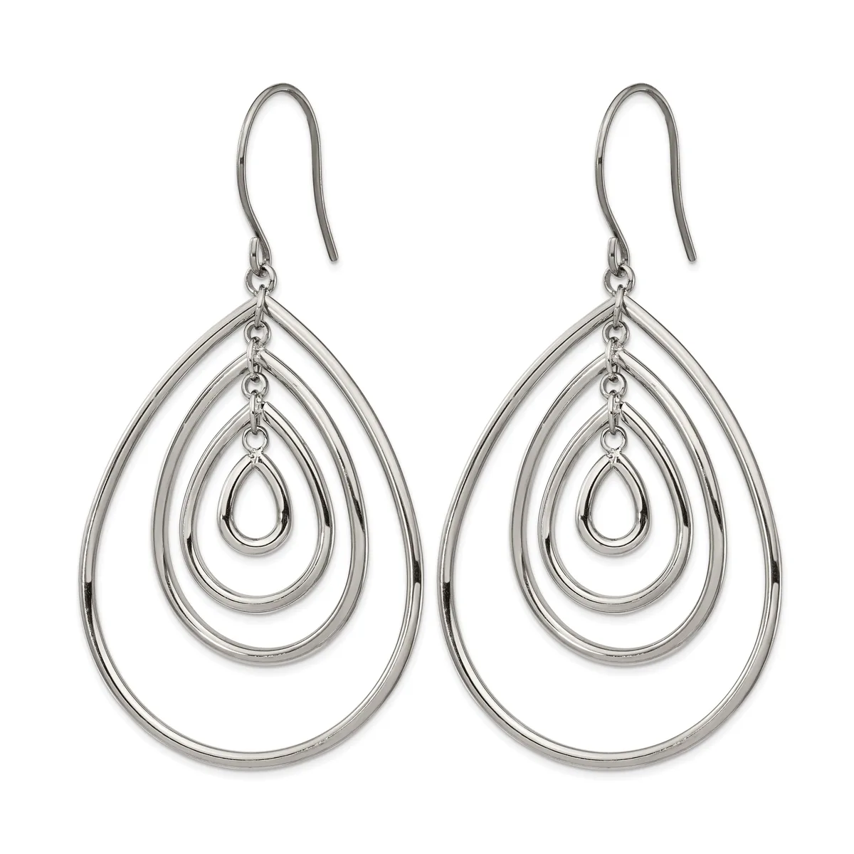 Pair of silver teardrop earrings with concentric nested teardrop outlines, suspended from curved hook wires.