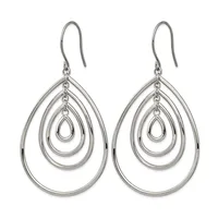 Pair of silver teardrop earrings with concentric nested teardrop outlines, suspended from curved hook wires.