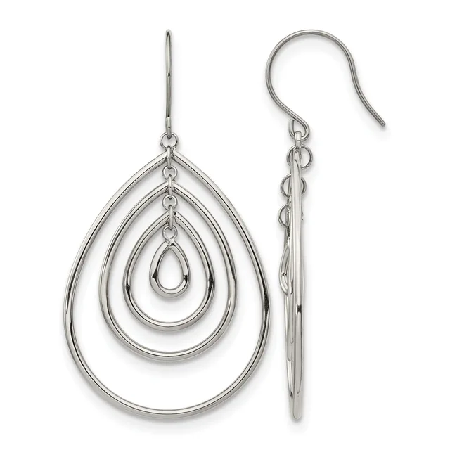 Pair of silver teardrop earrings with concentric nested loops, shown from front and side views with fish hook ear wires.