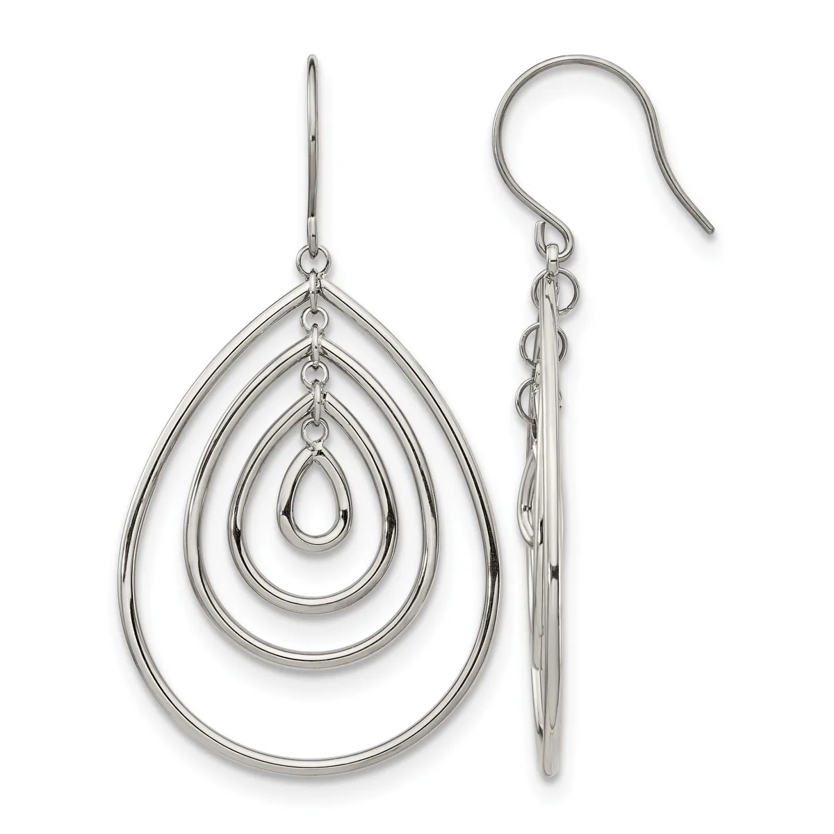 Pair of silver teardrop earrings with concentric nested loops, shown from front and side views with fish hook ear wires.