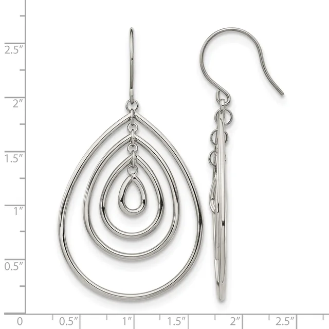 Pair of silver teardrop earrings with concentric nested hoops, shown front and side view against a measurement scale.