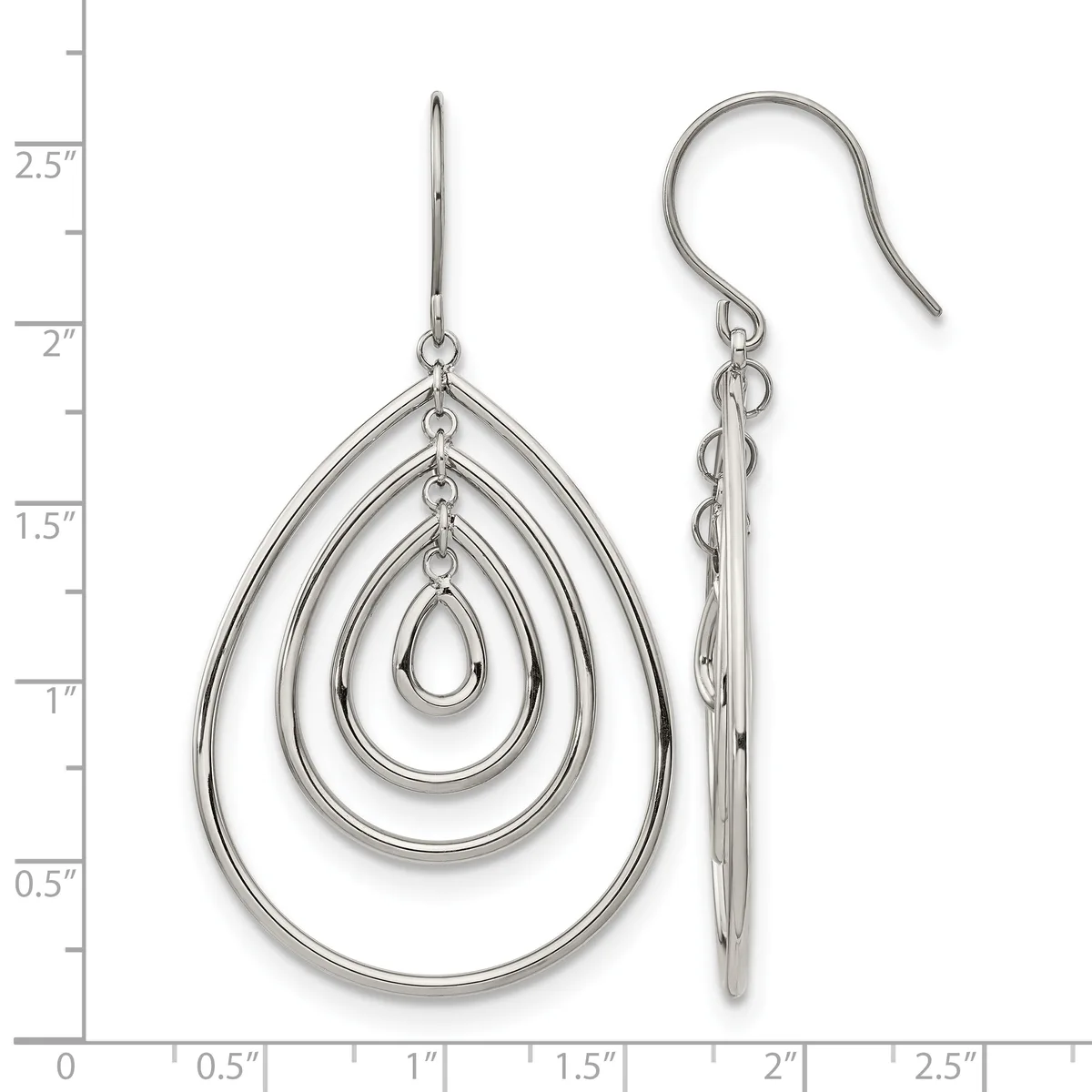 Pair of silver teardrop earrings with concentric nested hoops, shown front and side view against a measurement scale.