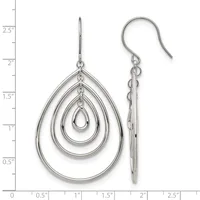 Pair of silver teardrop earrings with concentric nested hoops, shown front and side view against a measurement scale.