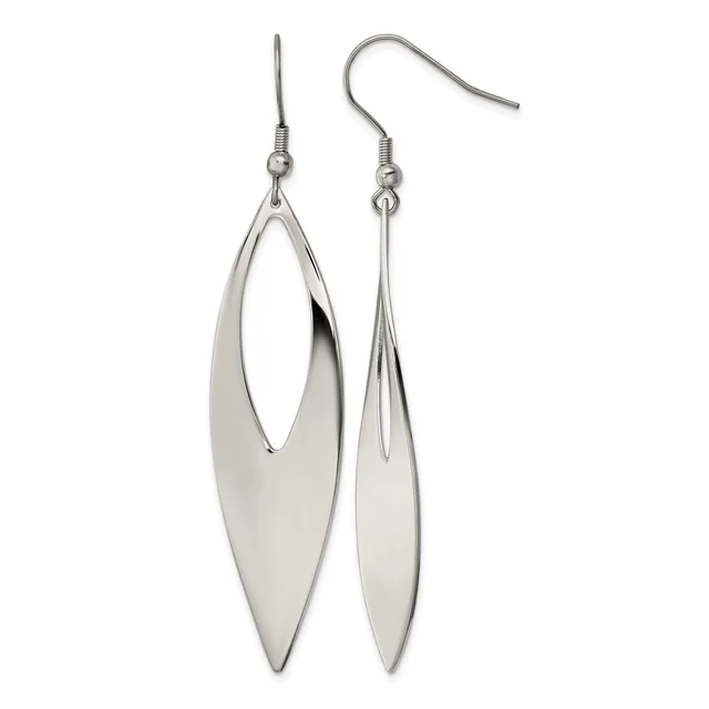 Pair of silver-toned drop earrings with elongated pointed oval shapes and open cutout centers, suspended from curved wire hooks.