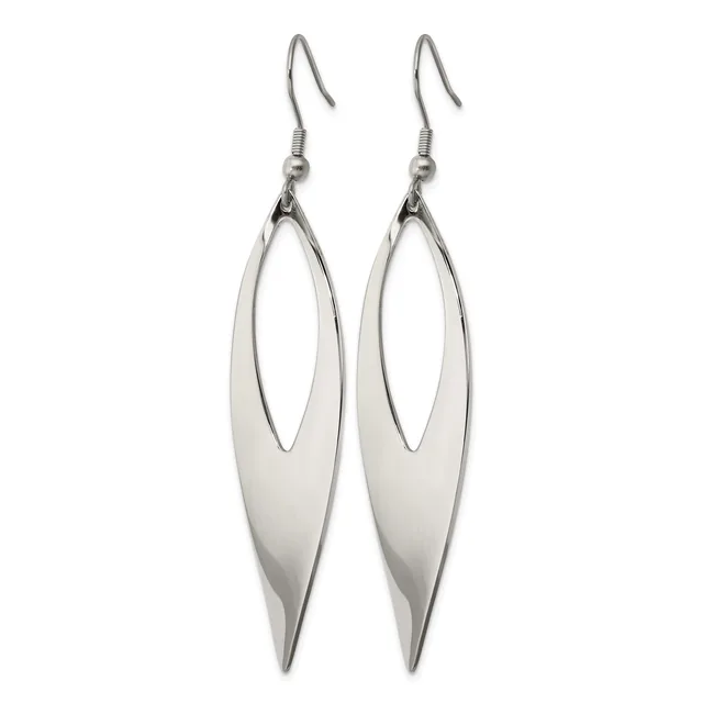 Pair of silver-toned elongated oval earrings with cutout centers, suspended from wire hooks.