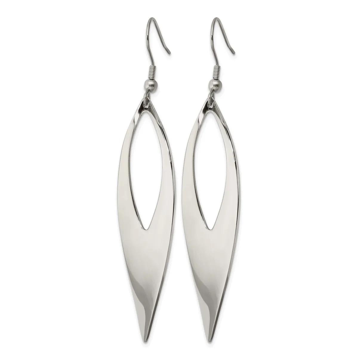 Pair of silver-toned elongated oval earrings with cutout centers, suspended from wire hooks.