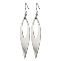 Pair of silver-toned elongated oval earrings with cutout centers, suspended from wire hooks.