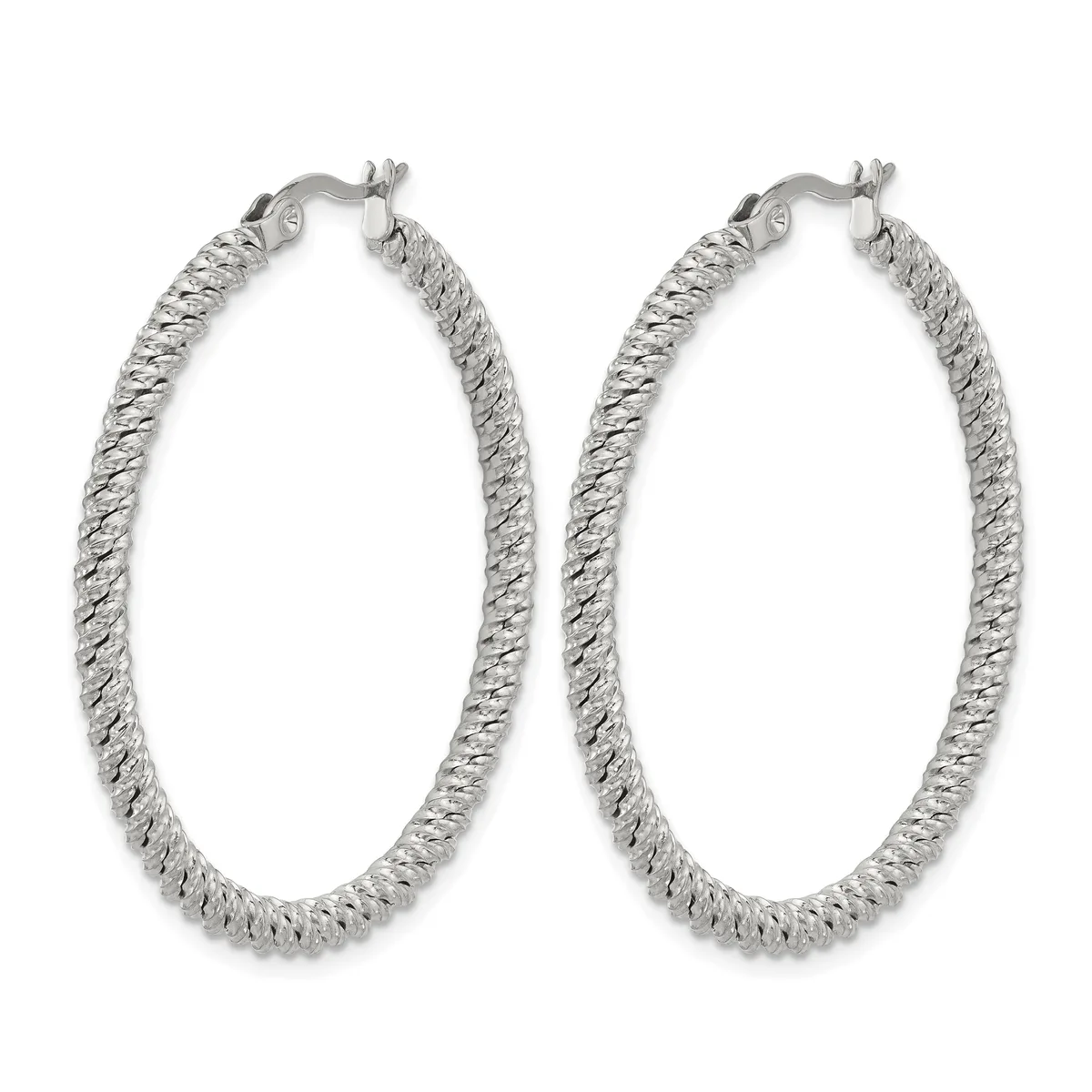 Pair of large oval hoop earrings with a textured diamond-cut surface finish in silver-toned metal, shown against a white background.