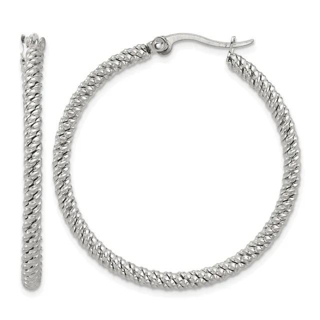 Pair of silver twisted hoop earrings with textured spiral pattern and hook closures, shown from front and side views.