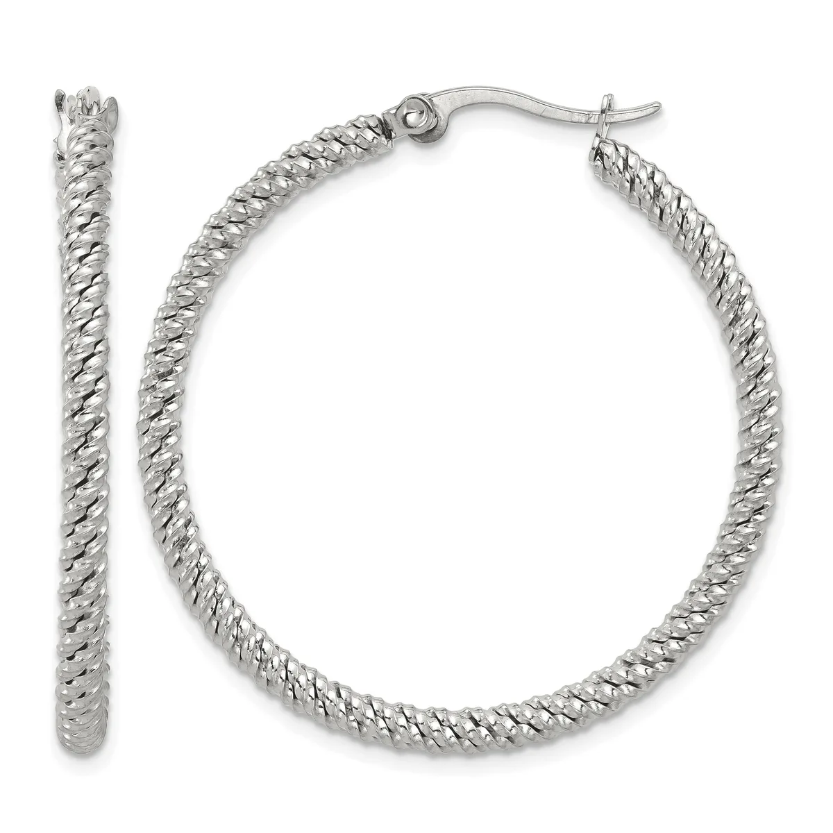 Pair of silver twisted hoop earrings with textured spiral pattern and hook closures, shown from front and side views.