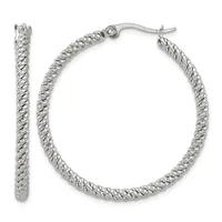 Pair of silver twisted hoop earrings with textured spiral pattern and hook closures, shown from front and side views.