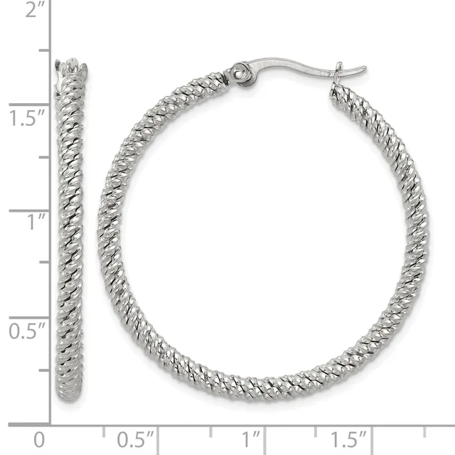 Silver-toned twisted rope hoop earrings with French wire posts, shown at actual size with a measurement scale indicating approximately 1.5 inches in length.