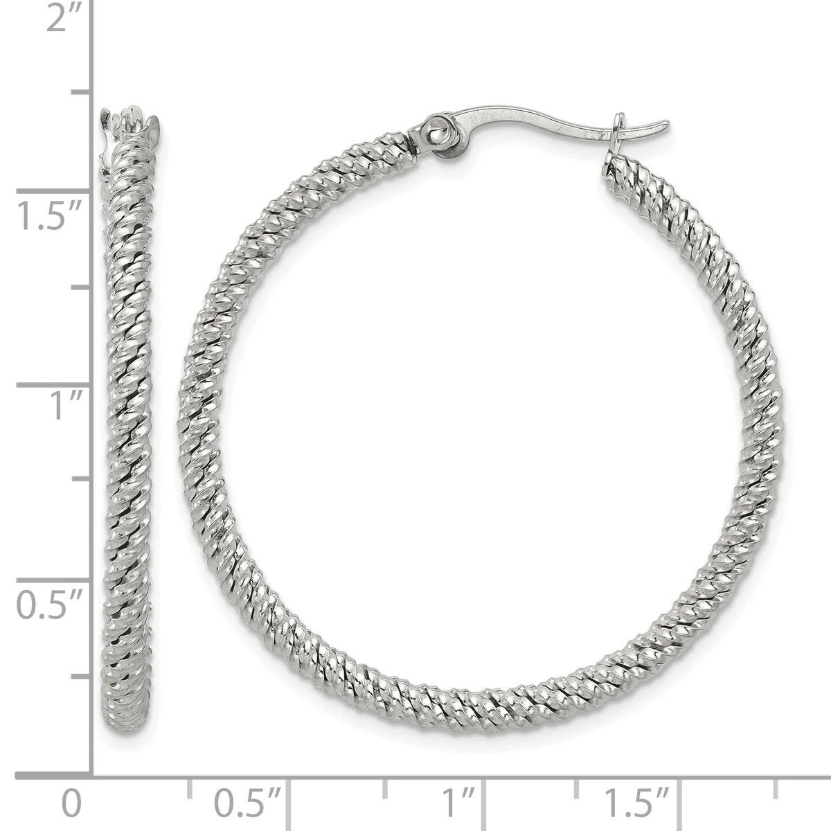 Silver-toned twisted rope hoop earrings with French wire posts, shown at actual size with a measurement scale indicating approximately 1.5 inches in length.