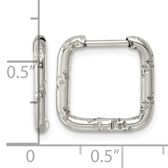 A pair of square silver hoop earrings with textured surfaces and hinged closures, shown next to a ruler indicating their size as approximately 0.5 inches.