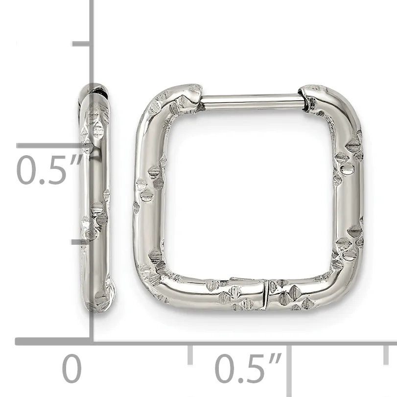 A pair of square silver hoop earrings with textured surfaces and hinged closures, shown next to a ruler indicating their size as approximately 0.5 inches.