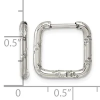 A pair of square silver hoop earrings with textured surfaces and hinged closures, shown next to a ruler indicating their size as approximately 0.5 inches.