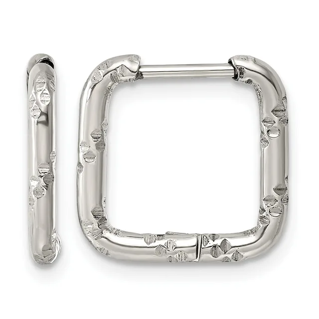 A pair of silver-toned square hoop earrings with textured dimpled surfaces and hinged closures, shown from front and side views.