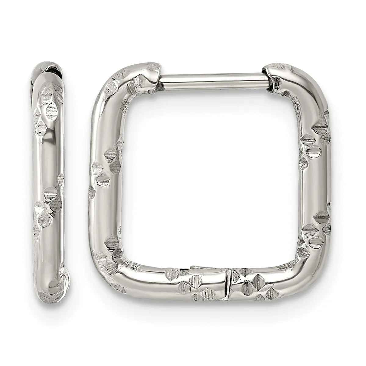 A pair of silver-toned square hoop earrings with textured dimpled surfaces and hinged closures, shown from front and side views.