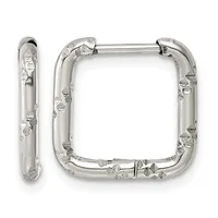 A pair of silver-toned square hoop earrings with textured dimpled surfaces and hinged closures, shown from front and side views.