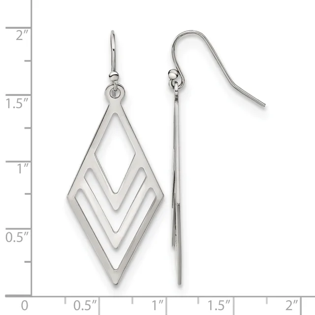 Silver-toned diamond-shaped dangle earrings with nested geometric cutouts, shown front and side view against a ruler measuring approximately 2 inches in length.