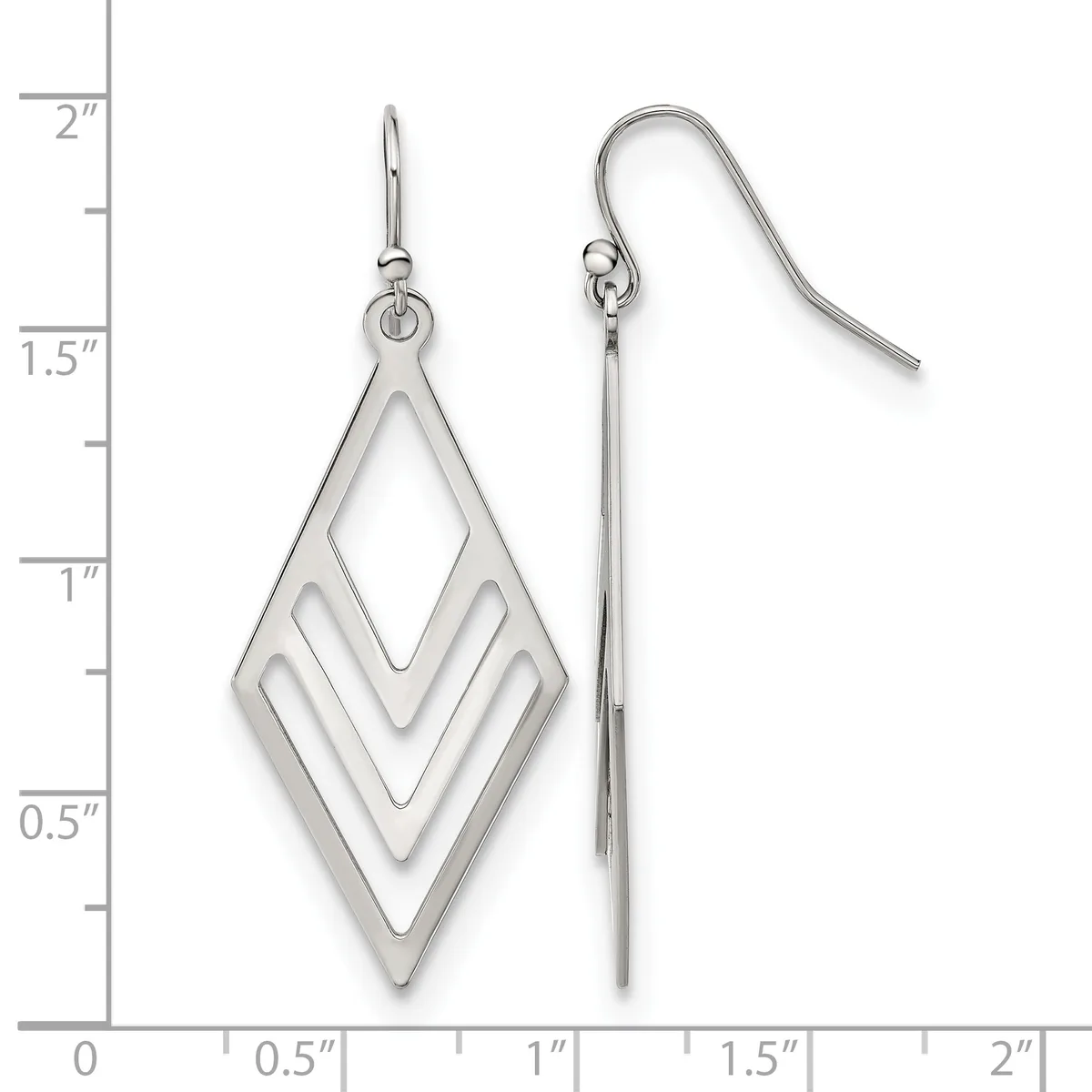Silver-toned diamond-shaped dangle earrings with nested geometric cutouts, shown front and side view against a ruler measuring approximately 2 inches in length.