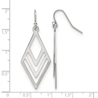 Silver-toned diamond-shaped dangle earrings with nested geometric cutouts, shown front and side view against a ruler measuring approximately 2 inches in length.