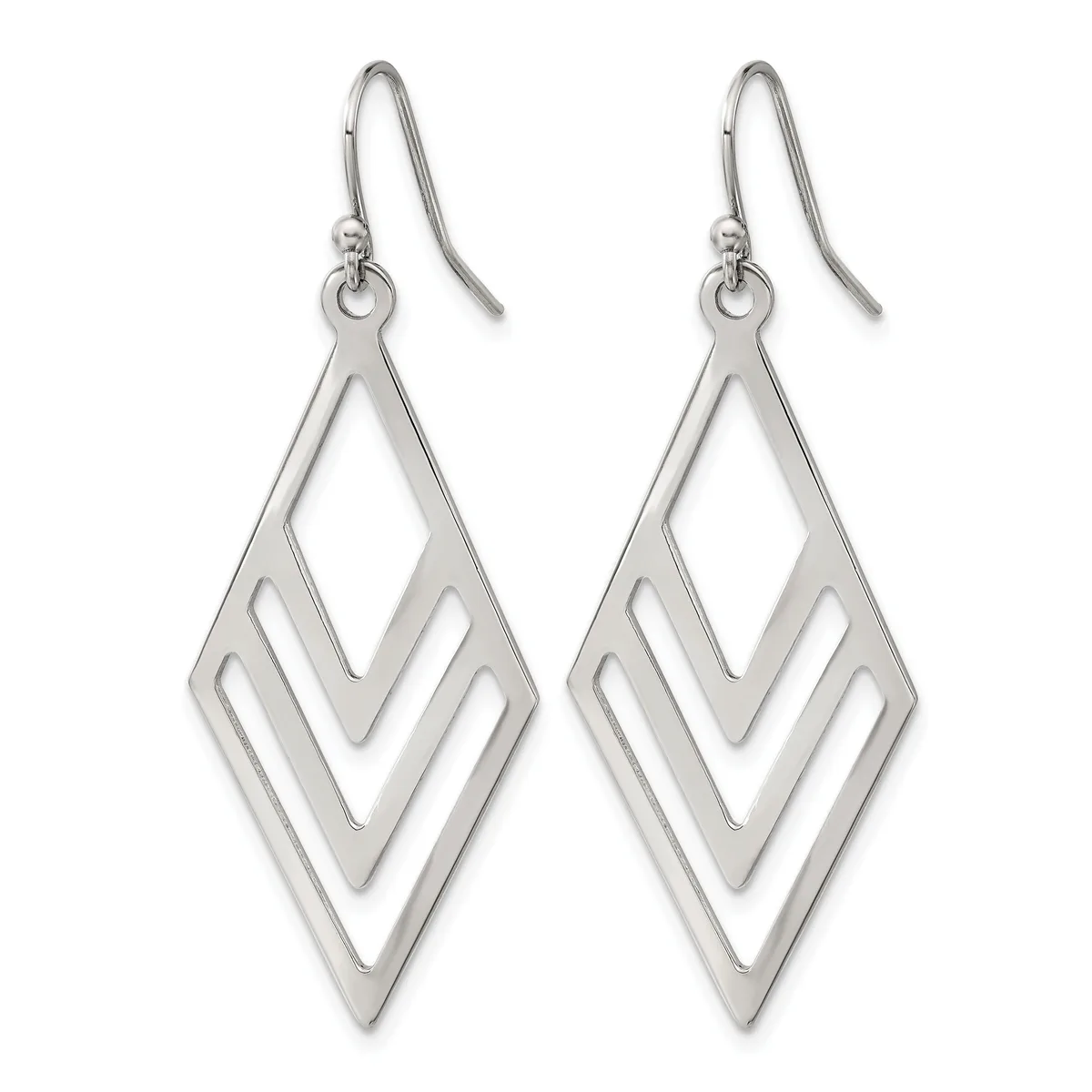 A pair of silver-toned fish hook earrings with nested diamond-shaped pendants featuring cutout details, displayed against a white background.