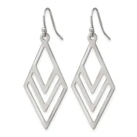 A pair of silver-toned fish hook earrings with nested diamond-shaped pendants featuring cutout details, displayed against a white background.