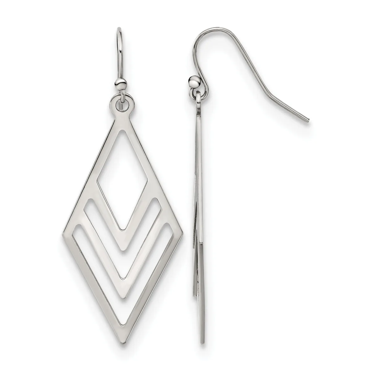 Pair of silver-tone geometric diamond-shaped drop earrings with nested chevron cutouts, shown front and side view on French wire hooks.