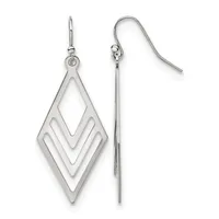 Pair of silver-tone geometric diamond-shaped drop earrings with nested chevron cutouts, shown front and side view on French wire hooks.