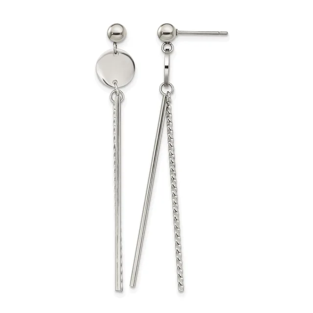 A pair of silver-toned drop earrings with ball studs, featuring a polished disc connector and two dangling chains of different textures—one smooth and one twisted—hanging below.