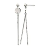 A pair of silver-toned drop earrings with ball studs, featuring a polished disc connector and two dangling chains of different textures—one smooth and one twisted—hanging below.