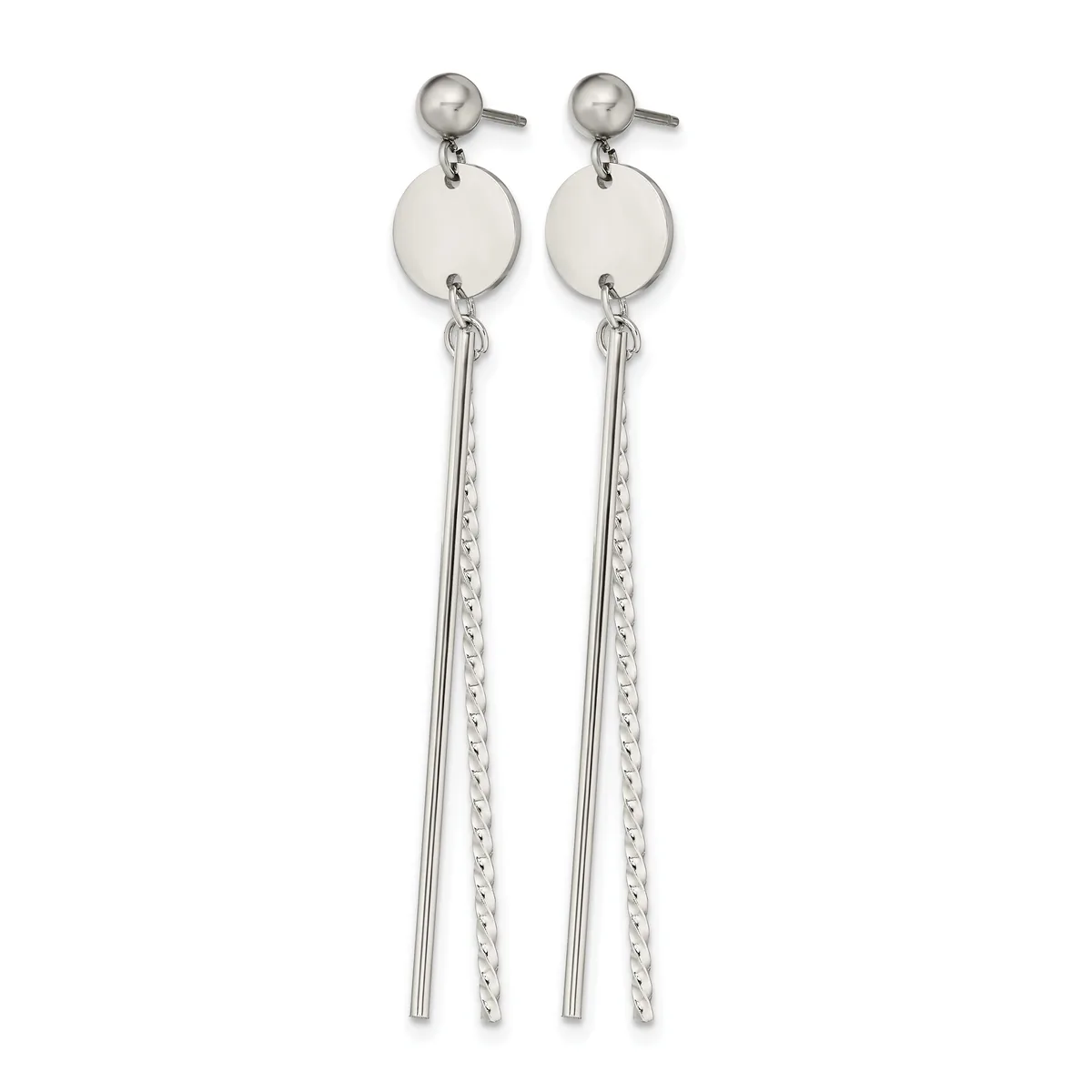 Pair of long dangling earrings with ball studs, circular disc tops, and two thin chains of varying textures hanging below in silver-toned metal.