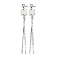 Pair of long dangling earrings with ball studs, circular disc tops, and two thin chains of varying textures hanging below in silver-toned metal.